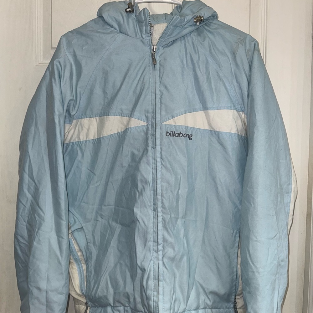 Billabong Light Blue and White Hooded Jacket